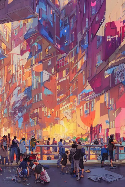 Prompt: people in a busy city people looking at a white building covered with a 3d graffiti mural with paint dripping down to the floor, professional illustration by artgerm, painterly, yoshitaka Amano, hiroshi yoshida, moebius, loish, painterly, and james jean, illustration, sunset lighting