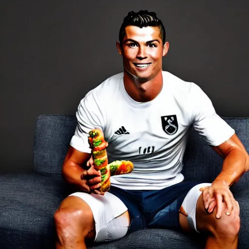 Image similar to a promo portrait of cristiano ronaldo in a sofa, holding a plate of hot dogs to the camera,