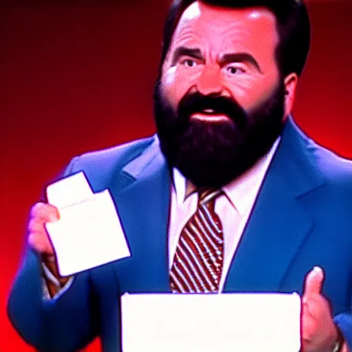 Prompt: Billy Mays hosting Jeopardy, VHS tape footage, 1991