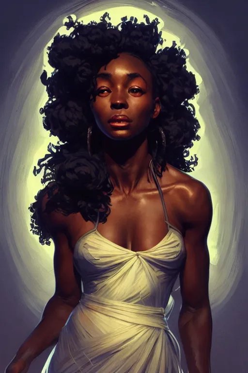 Image similar to clear portrait of a black attractive women, cottagecore!!, background hyper detailed, character concept, full body, dynamic pose, glowing lights!! intricate, elegant, highly detailed, digital painting, artstation, concept art, smooth, sharp focus, illustration, art by artgerm and greg rutkowski and alphonse mucha