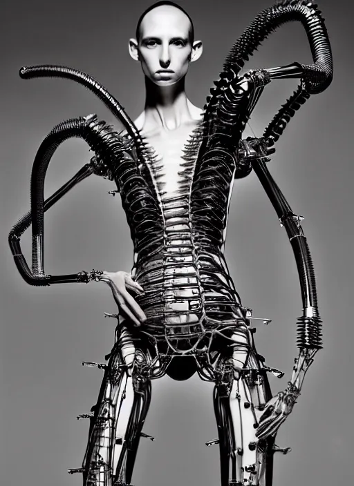 Image similar to walking down the catwalk, steven klein, mert alas and marcus piggott, show, stage, vogue photo, podium, fashion show photo, iris van herpen, beautiful woman, full body shot, masterpiece, inflateble shapes, alien, giger, plant predator, guyver, jellyfish, wires, veins, biomechanical details, bionic cyborg implants, colourfull