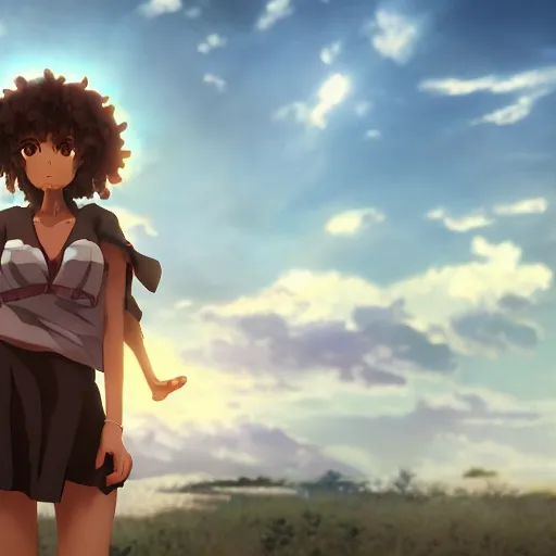 Image similar to a beautiful 3d brown anime girl, brown skin, black curly hair, Cinematic lighting, medium shot, in a anime masterpiece, highly detailed, Trending on artstation, unreal engine 4k, Cinematic wallpaper