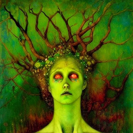 Prompt: vibrant green opal dryad forest spirit verdant and wild, award winning oil painting by santiago caruso and odilon redon