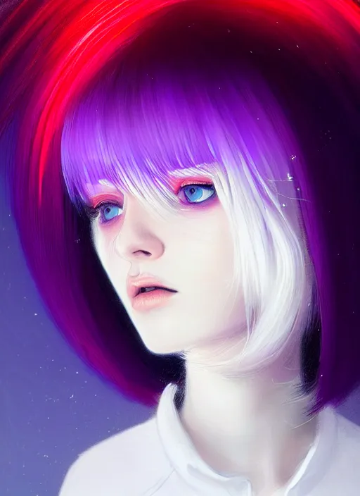 Image similar to hair whitebangs hair, black hair, whitebangs, portrait of teenage girl with white bangs, red irises, purple clothes, white bangs, bangs are different color from hair, intricate, elegant, glowing lights, highly detailed, digital painting, artstation, concept art, smooth, sharp focus, illustration, art by wlop, mars ravelo and greg rutkowski