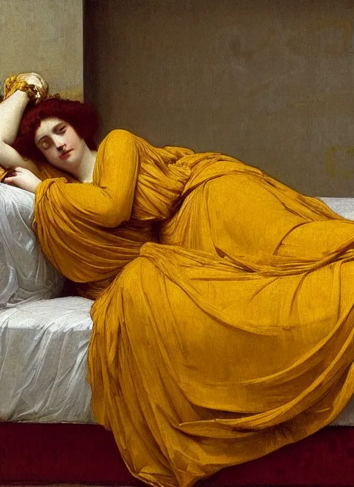 Image similar to masterpiece portrait of lady reclining on bed wearing yellow ochre ornate medieval dress, vertical, foreshortening, colour photography by frederic leighton, william morris, 8 k