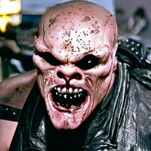 Image similar to big buff grotesque scary fleshy wet, Nemesis from biohazard, movie still iconic