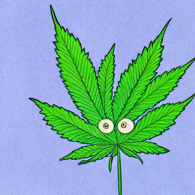 Image similar to cannabis leaf with a smiling face and arms and legs cartoon, colored pencil illustration