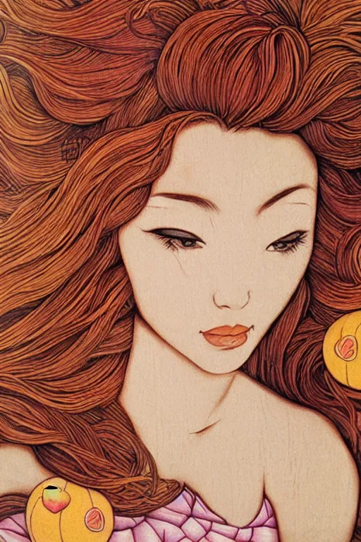 Image similar to princess peach painted on wood by audrey kawasaki