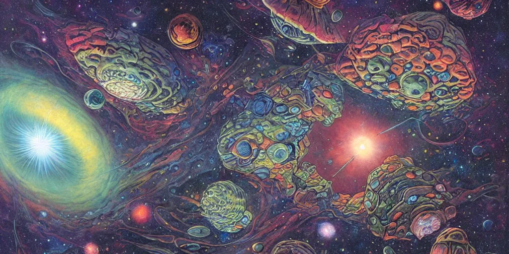 Prompt: psychedelic asteroid belt in deep space by dan seagrave art and moebius