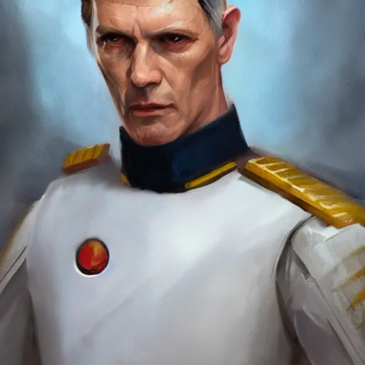 Image similar to portrait of a man by greg rutkowski, great admiral thrawn, short black hair in military style, tall, star wars expanded, universe, he is about 5 0 years old, wearing white colored imperial admiral uniform, artstation hq