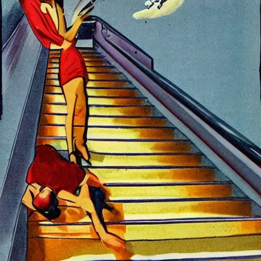 Image similar to chasing my dreams down a flight of stairs 1950s illustration