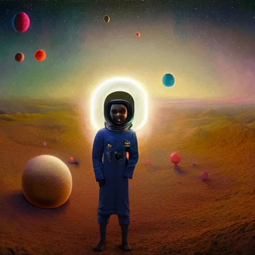 Prompt: AN 8K RESOLUTION MATTE PAINTING OF A BLACK BOY DRESSED LIKE AN Egyptian ASTRONAUT IN A FIELD OF GLOWING BUBBLES, bY CHRIS LEIB AND Alan Bean and Agostino Arrivabene in a surreal PORTRAIT style. Vibrant, VIVID COLORS, HIGHLY DETAILED, SYMETRICAL FACE, retro scifi, ASTROPHOTOGRAPHY