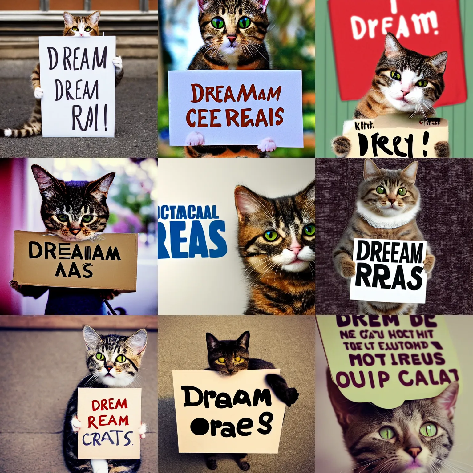 Image similar to realistic high quality photo of a cute cat holding a sign with text that reads : dream cats