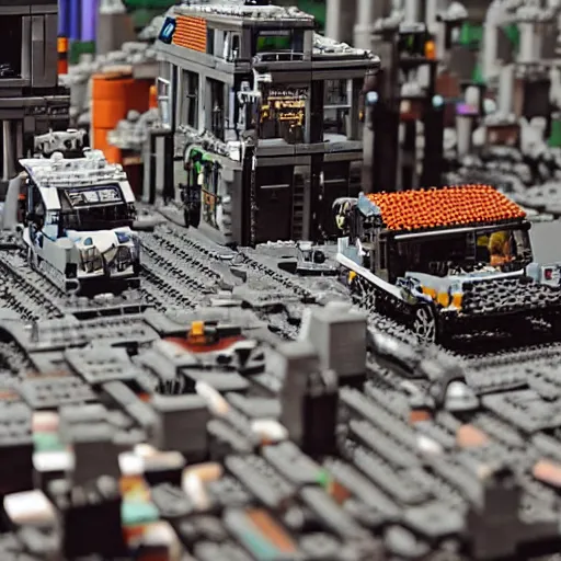 Image similar to post - apocalyptic lego - city, very detailed photo, ambient light, grotesque mood