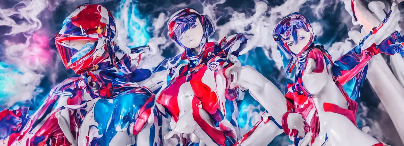 Image similar to extremely beautiful photo of a white marble statue of an anime girl with colorful motocross logos and motorcycle helmet with closed visor, colorful smoke in the background, carved marble statue, fine art, neon genesis evangelion, virgil abloh, offwhite, denoise, highly detailed, 8 k, hyperreal