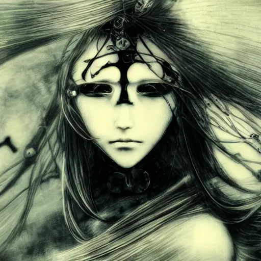 Image similar to yoshitaka amano blurred and dreamy illustration of an anime girl with pirate eye patch, wavy white hair and cracks on her face wearing elden ring armour with the cape fluttering in the wind, abstract black and white patterns on the background, noisy film grain effect, highly detailed, renaissance oil painting, weird portrait angle