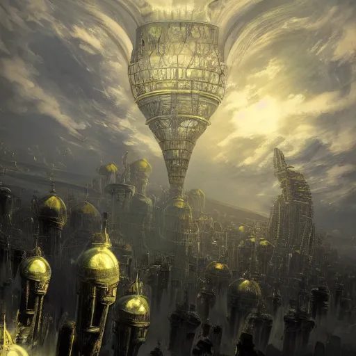 Image similar to enormous flying city in a faberge egg, sky, steampunk, fantasy art, masterpiece, hugh ferriss, unreal engine, peder balke