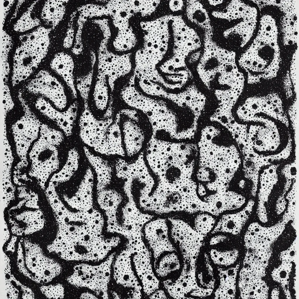 Image similar to face made out of planet, faceless people dark, dots, drip, stipple, pointillism, technical, abstract, minimal, style of francis bacon, asymmetry, pulled apart, cloak, hooded figure