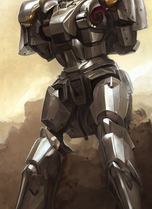 Image similar to medium-length portrait of a male paladin with short curly hair and a salt-and-pepper beard, dark brown skin, wears a suit of power armor, magitech!, gundam, medieval setting, highly detailed, digital painting, artstation, concept art, sharp focus, illustration, art by greg rutkowski and alphonse mucha