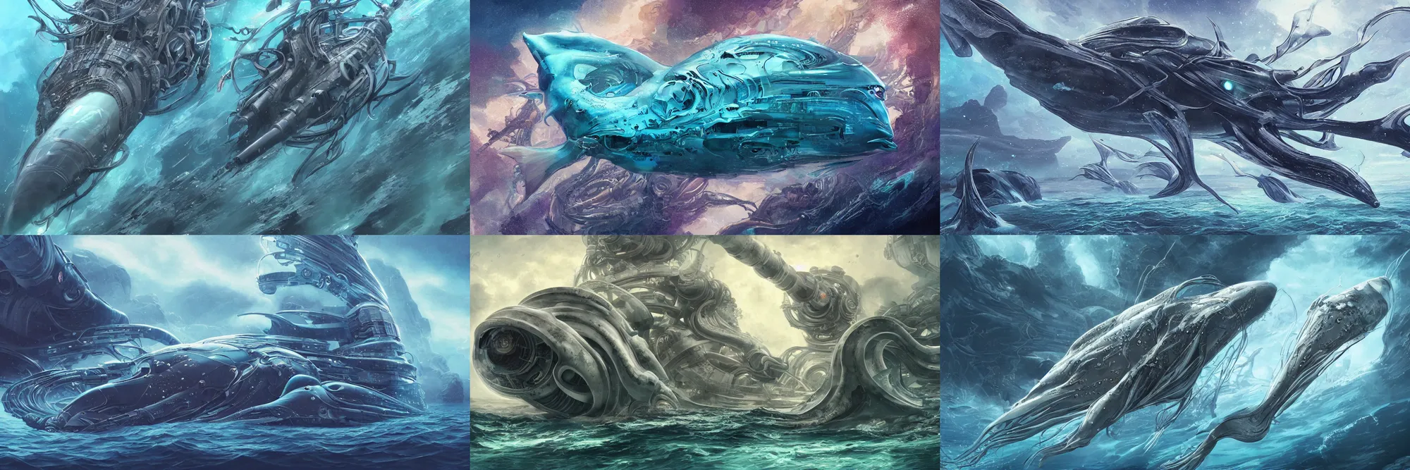 Prompt: a futuristic sea creature in a deep sea below one hundred kilometers from the sea level with a giant bazooka on it\'s back, detailed illustration, digital art, overdetailed arttrending on artstation, the most beautiful image ever created, dramatic, subtle details, illustration painting, 8K, award winning artwork, high quality printing, fine art, intricate, epic lighting, very very very very beautiful scenery, 8k resolution, digital painting, sharp focus, professional art, atmospheric environment, 8k ultra hd, artstationHD, hyper detailed, elegant
