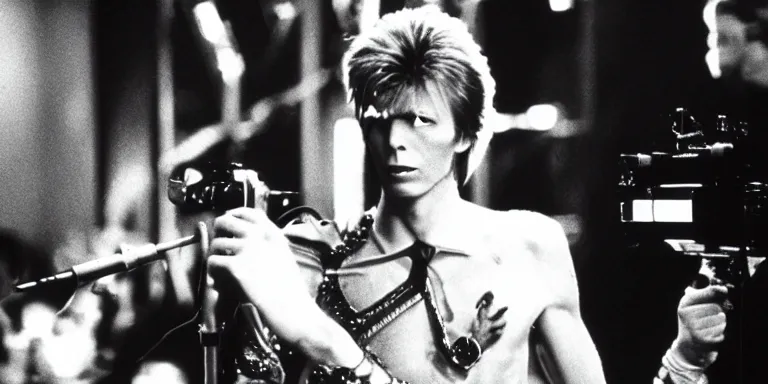 Image similar to Cinematography of Heroes era David Bowie in 1981 shot on a 9.8mm wide angle lens on the set of The Muppet Movie