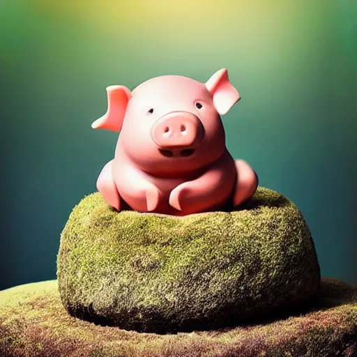 Image similar to “ cute pig meditating like a buddha on top of a giant mushroom ”