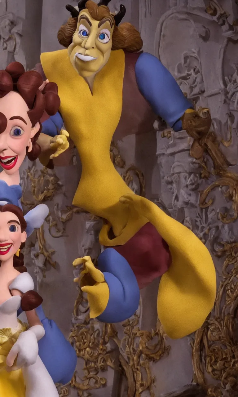 Image similar to a close-up shot of Bell from a claymation stop motion scene of beauty and the beast featuring Scarlet Johansson as Belle