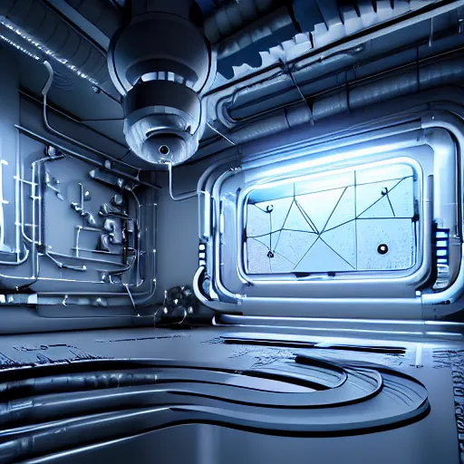 Prompt: pilot room covered with long sculptural metal form that composes a quantum computer by urschel jan, artstation, smooth, symmetrical, sharp focus, illustration