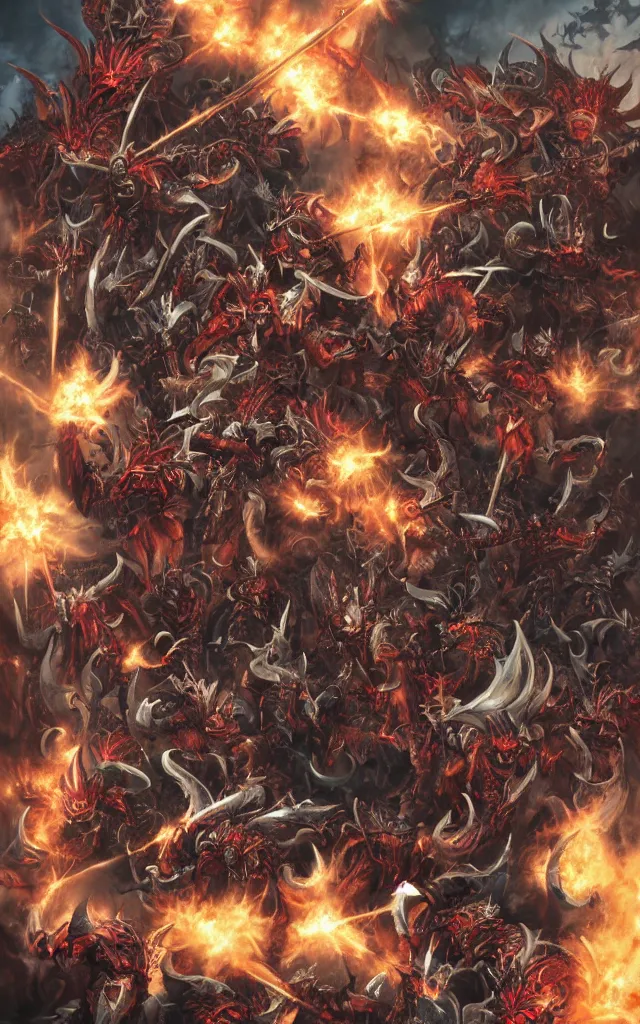 Prompt: warhammer battle scene versus scarlet nordic dragon movie poster by kekai kotaki