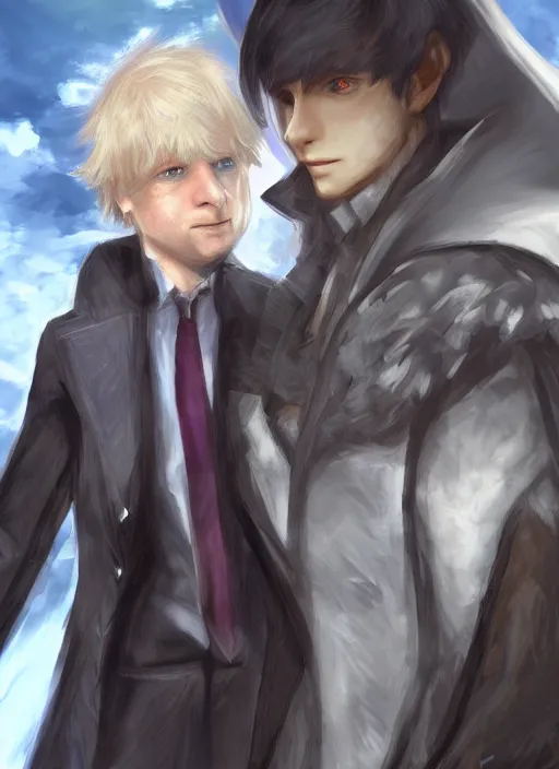 Prompt: Alphinaud Leveilleur meeting Boris Johnson in FF14, digital art