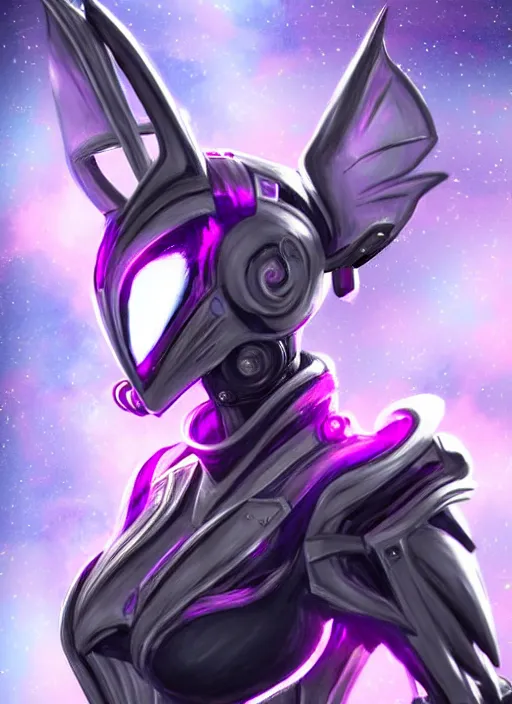 Image similar to cinematic bust shot, cosmic sized proportional stunning beautiful hot female warframe, detailed robot mecha female dragon head, metal ears purple eyes, sleek silver armor, fuschia skin, floating in empty space, nebula sized, posing elegantly, epic proportions, epic size, epic scale, furry art, dragon art, giantess art, warframe fanart, furaffinity, deviantart