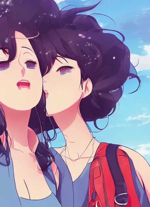 Image similar to two beautiful mothers waiting at a bus stop, summer clothes, gorgeous faces, thick lines, cinematic lighting, detailed anime art