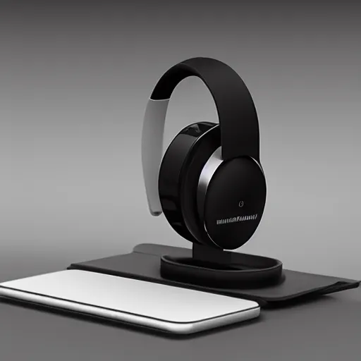 Prompt: wireless headphone stand, futuristic, techno, cyberpunk, product design, render