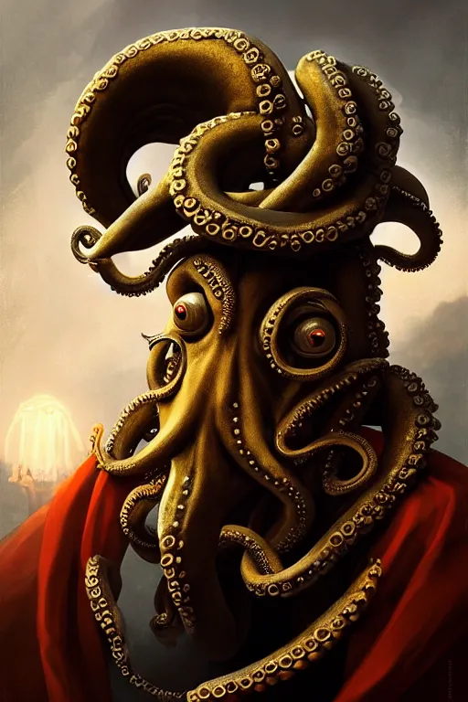 Image similar to portrait of an anthropomorphic octopus as napolean bonaparte, dramatic lighting, highly detailed, digital painting, artstation, concept art, smooth, sharp focus, illustration, art by wlop, mars ravelo and greg rutkowski