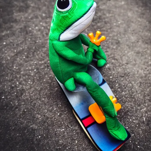 Prompt: frog plushie on a skateboard, skate photography 55mm