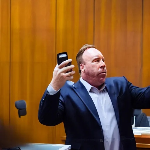 Prompt: Alex Jones desperately reaching for his out of reach phone in the courtroom, EOS 5DS R, ISO100, f/8, 1/125, 84mm, RAW, Dolby Vision, Unblur