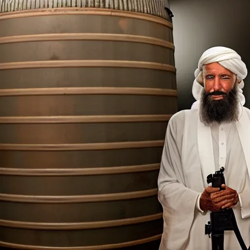 Prompt: 4 k portrait sony a 7 f 2. 8 of president joe biden as a muslim taliban leader surrounded by oil barrels