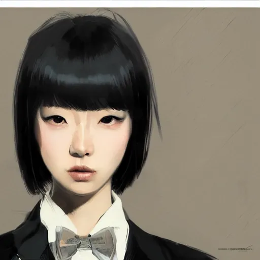 Image similar to portrait of a beautiful korean girl wearing a men's tuxedo, with bangs, very long hair and bangs, angular features, angry expression, dramatic lighting, illustration by Greg rutkowski, yoji shinkawa, 4k, digital art, concept art, trending on artstation