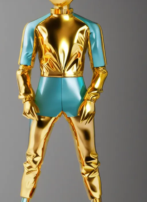 Prompt: accurate detailed pvc inflated gold & teal colored balloon figure fashion god, full body, futuristic, concept art, character only, detailed art, adidas streetwear, figurine!!!, studio lighting, grey background, no shadow, trending on artstation, 4 k, sharp, highly - detailed, focus on face!!!
