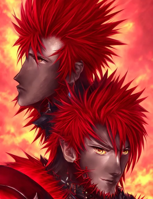 Image similar to a detailed manga portrait of a handsome tall man with spiked crimson hair in fiery crimson crystalline armour, trending on artstation, digital art, 4 k resolution, detailed, high quality, sharp focus, hq artwork, coherent, insane detail, character portrait