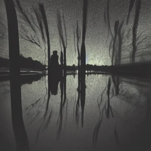 Image similar to pinhole photo of a dream, silhouettes, reflection, double exposure, dramatic light painting