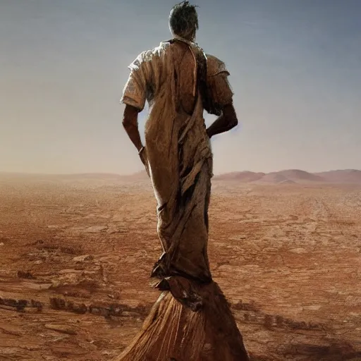 Prompt: Panorama view of a giant statue walking in a desert, oil painting, by Greg Rutkowski