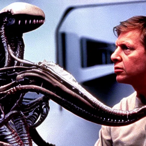 Image similar to cinematic still of sir david attenborough watching a xenomorph from the distance in 1 9 7 9 movie alien, hd, 4 k