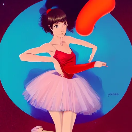 Image similar to portrait of a beautiful girl with dark hair dressed as a ballerina, standing on a ball, rich vivid colors, ambient lighting, dynamic lighting, 4 k, hq, official media, anime key visual, makoto shinkai, ilya kuvshinov, lois van baarle, rossdraws, detailed, trending on artstation