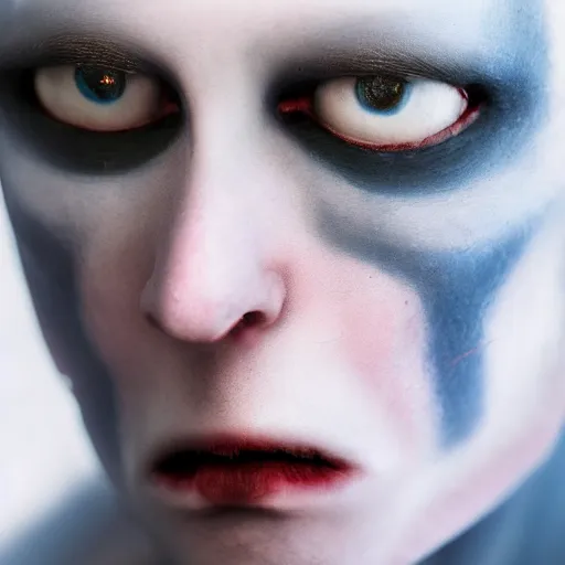 Image similar to vampire nosferatu, pale blue skin, portrait, extreme close up, photograph by elisabeth gadd, ultra detailed, realistic, dark, dramatic light, backlit