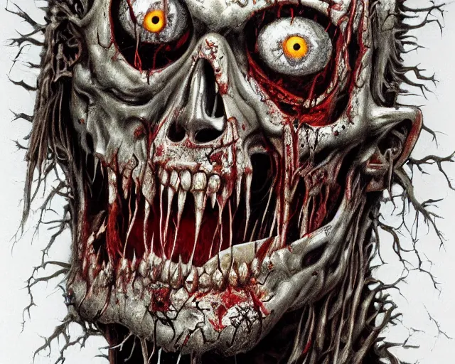 Image similar to Derek Riggs painting of a zombie, hyper detailed, heavy metal,