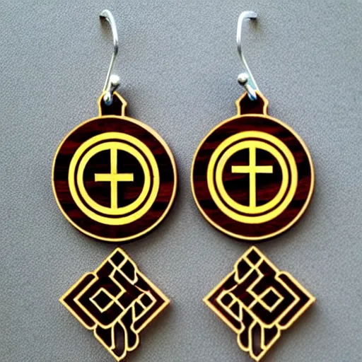 Prompt: 2 d wood lasercut earrings, mystical symbols, 8 k, hd, trending on amazon on artstation, trending on deviantart, trending on etsy, epic digital art