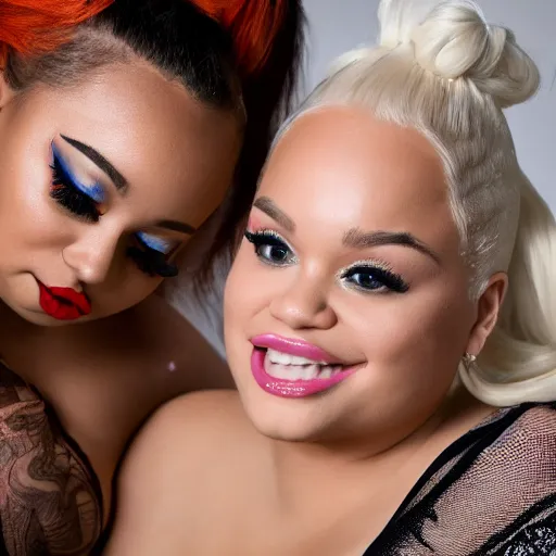 Image similar to photo of doja cat & trisha paytas whispering to each other and giggling while they look at the camera, , intricately detailed, dslr, 85mm pentax, f/1.3, award winning