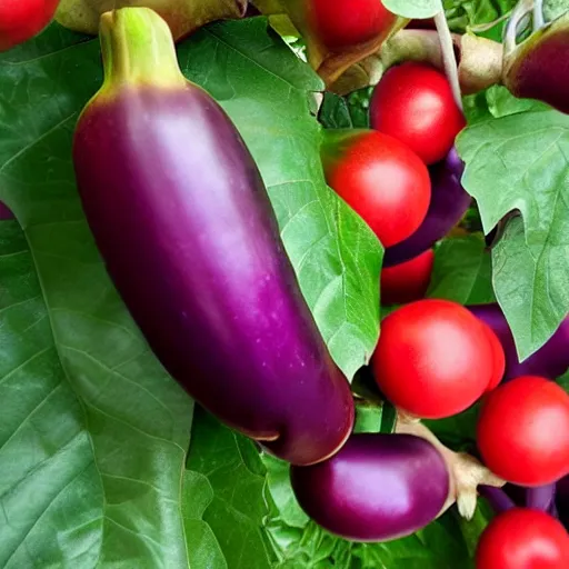 Image similar to an eggplant fruit still on the vine, a bizarre detailed red and purple glowing eggplant