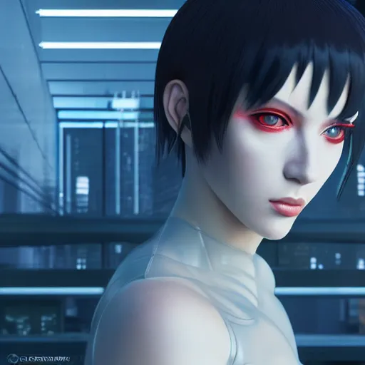 Image similar to ghost in the shell inspired avant-garde art, deco fashion, highly detailed, photorealistic portrait, bright studio setting, studio lighting, crisp quality and light reflections, unreal engine 5 quality render